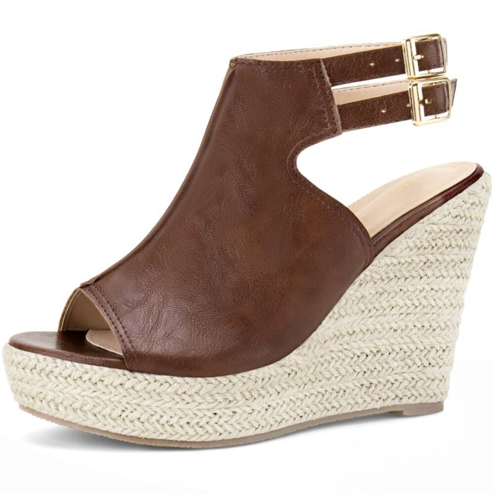 Espadrilles Slingback Wedges Peep Toe Platform Wedge Heel Sandals Brown